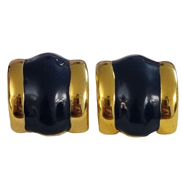 Gold Tone Black Enamel, Designer Style Wide C, Half Hoop Clip On Earrings K960 - Picture 2 of 7